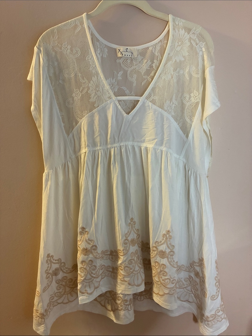 Ivory Lace-Yoke Embroidered Tunic Top